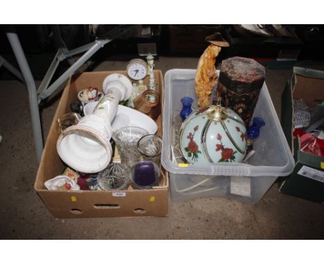 Two boxes containing sundry glass and china to include a jardiniere stand; glass vase; mantle clock; table lamp, oriental res