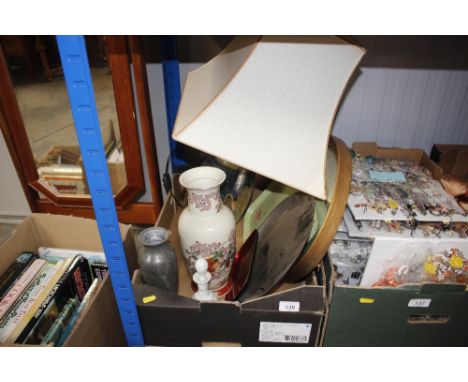 A Studio pottery table lamp; an oriental vase; and a spot hammered pewter vase etc.