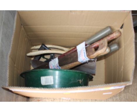 A box containing various hand tools