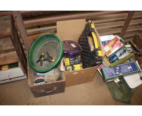 Two boxes containing various fittings; plastic sieve; various tools etc