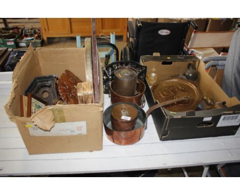 Two boxes containing various metalware to include copper tray; rain hopper; Eastern tray table top etc