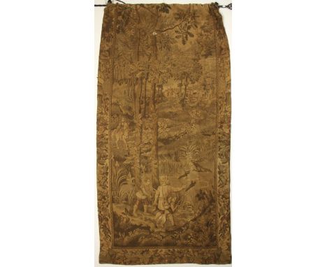 A large woven tapestry with iron rail, W. 115cm.