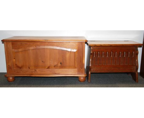 A carved oak shoebox and pine trunk.