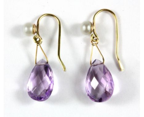 A pair of 9ct yellow gold faceted amethyst and pearl set drop earrings, L. 2.8cm.