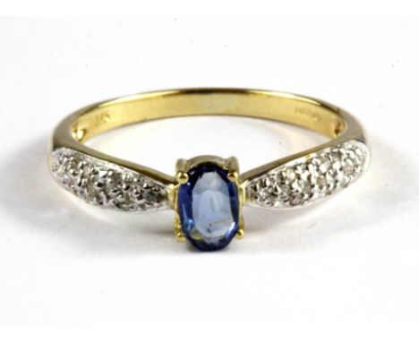 A 9ct yellow gold untreated sapphire and diamond set ring, (L).