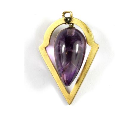 A yellow metal (tested 15ct gold) amethyst set pendant, L. 3cm.