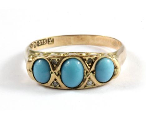 An antique 9ct yellow gold turquoise and diamond set ring, (M).