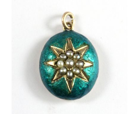 A yellow metal (tested 9ct gold) enamel and seed pearl set mourning brooch, L. 2.5cm.
