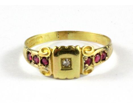 An antique 15ct yellow gold ruby and diamond set ring, (P.5).