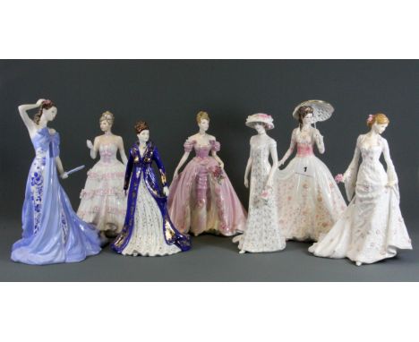 Seven Compton and Woodhouse porcelain figurines by Coalport, Worcester and Royal Staffordshire, H. 26cm.
