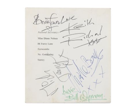 The Rolling Stones: An autographed Fan Club card,circa 1964,the reverse signed in black, blue and green ballpoint pens by Bri