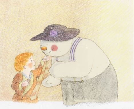 The Snowman: An original animation cel of The Snowman and James playing dress-up,1982,gouache on celluloid, the animation cel