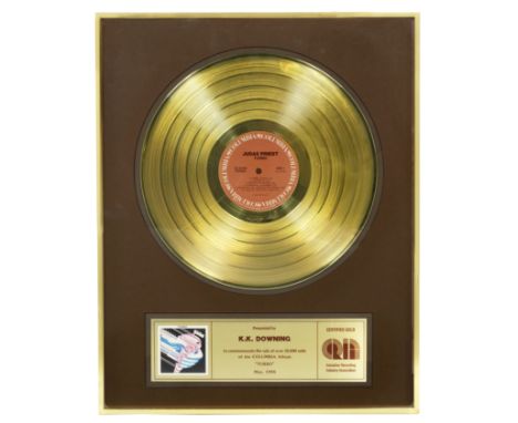 Judas Priest/K.K. Downing: A 'Gold' sales award for the album Turbo,Canadian, 1986,presented to K. K. Downing for sales of mo