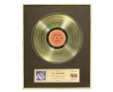 Judas Priest/K. K. Downing: A 'Gold' sales award for the album Defenders Of The Faith,Canadian, 1984, presented to K. K. Down