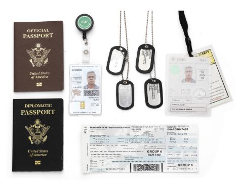 Brad Pitt: A group of prop ID cards and dog tags for Brad Pitt's character 'Glen McMahon' in War Machine,Netflix, 2017,compri
