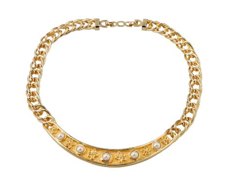 CHRISTIAN DIOR VINTAGE Modeschmuck-Collier. Gliederkette mit dekorativem Einsatz, Perlen-Dekor und floralen Details. Teilweis