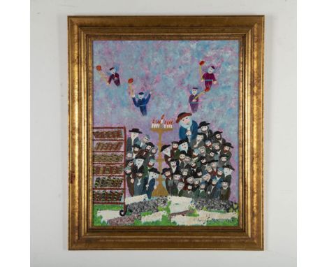 Vividly painted original oil on canvas by Folk Art/Primitivism artist Harry Lieberman entitled The Temple Menorah. Signature 