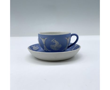 Beautiful matte finish miniature set featuring a light blue cup and matching saucer adorned with classic white figures in hig