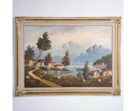 Imposing oil on canvas that depicts a picturesque Latin American rural town by a mountain lake. The artist used dull reds, li