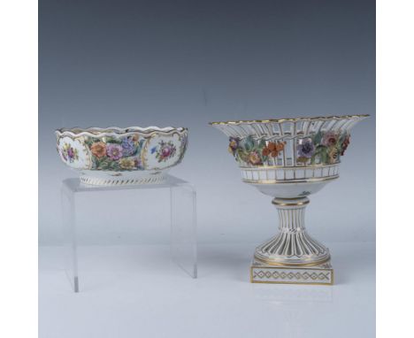 An exquisite pair of porcelain pieces, including a reticulated compote with openwork lattice, floral appliques, and a square 