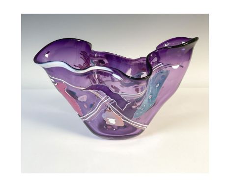 Modern purple handkerchief vase with blue, white, and pink accents. Etched signature by the artist on the bottom, Nelson 2810