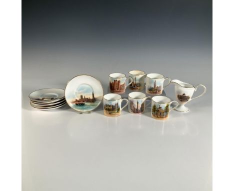 An elegant thirteen-piece set featuring six cups with matching saucers and a creamer, each adorned with intricate depictions 
