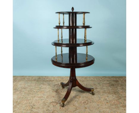 Three circular tiers each mounted on four brass column supports, all raised on a tripod base terminating with brass sabots an