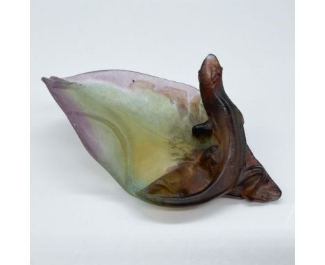 Gorgeous glass tray, made in the Pate de Verre technique, features dark and light subtle colors and a botanical design. Signe