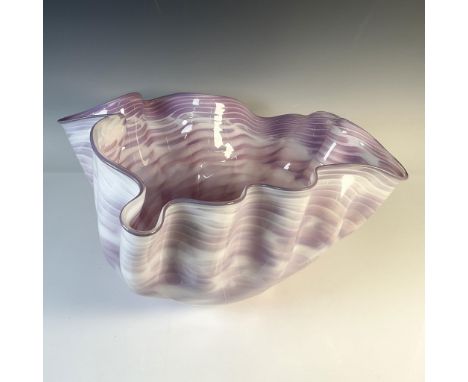 This elegant pink, white, and purple art glass bowl is hand crafted by Phil O'Reilly, an American glass blower out of Seattle