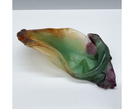Gorgeous figural tray, features subtle changes of multicolor glass and a botanical design. Signed Daum France on base. Issued