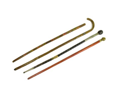 A collection of x4 assorted walking stick canes comprising a wooden cane with hooked handle and silver band reading ' From G.