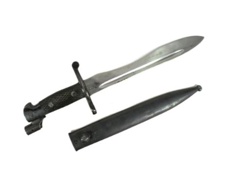 A WWII Second World War Spanish M1941 Bolo rifle bayonet with Mauser attachment. Black chequered grip, hooked pommel with pre