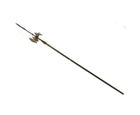 A 20th Century medieval style halberd polearm. Pierced axe head topped with a spike. Measures approx 260cm.