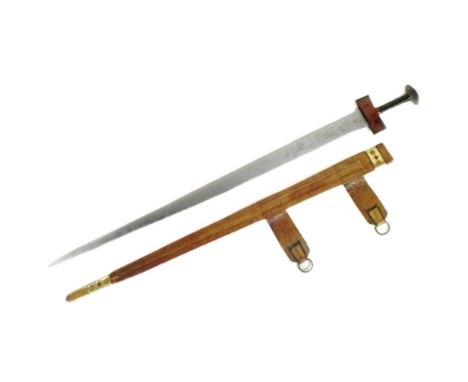 A mid 20th Century North African Tuareg / Hausa people Takoba tribal sword. Layered dome shaped pommel, clas leather hilt and