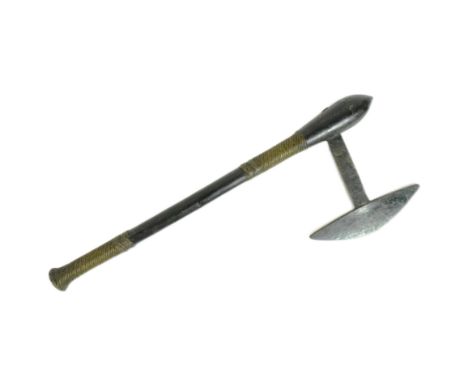 An early 20th Century Southern African (Zimbabwe) Shona People tribal axe. Long wooden shaft mounted with a crescent shaped b