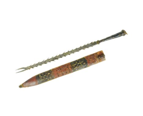 An early 20th Century African tribal hunting / fishing spear head converted into a sword. Doubled spiked tip with a barbed sh