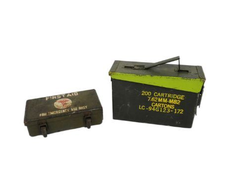 A vintage US United States Army Medical Department First Aid box / tin together with a ammunition case for 7.62x51mm NATO car