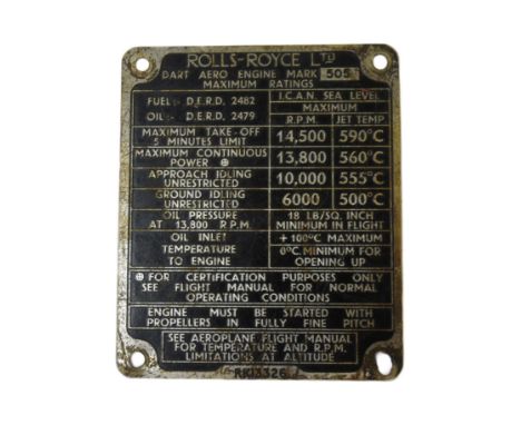 A vintage engine plaque from a Rolls-Royce Dart Aero Engine Mark 505. Serial No. RK13326. Measures approx 7x9cm.