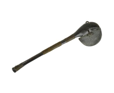 An early 20th Century Southern African Shona / Zulu People tribal axe.&nbsp;Flattened crescent shaped blade mounted on a tape