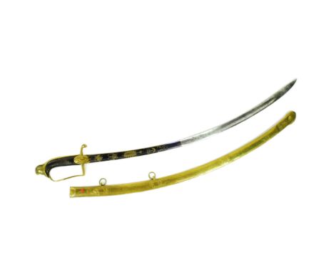 A 19th Century Napoleonic War era French Officers sword. Brass cuirassier helmet shaped pommel, chequered wooden grip and sti