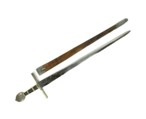 A large Medieval style training sword reenactment theatre prop. Circular disk shaped pommel, rope bound wooden grip and strai