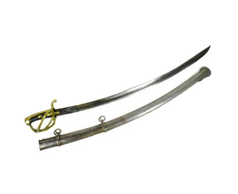 A 19th Century French Light Cavalry Troopers sabre. Brass x3 bar hilt stamped ' Versailles ', ribbed leather grip and fullere