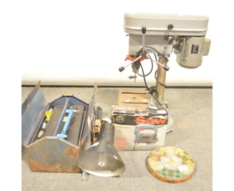 BENCH MOUNTING DRILL, Tin of drills, Tools box with head, tools, Electric jig saw, and Machine lamp.