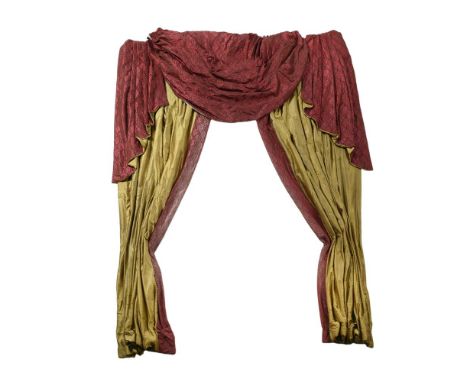 FOUR PAIRS OF PART SILK RED AND GREEN CURTAINS 20TH CENTURY To include matching swags and tapering panels each curtain approx
