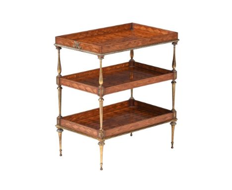 AN EDWARDIAN SATINWOOD PARQUETRY AND GILT METAL MOUNTED ETAGERE BY WHITE, ALLOM & CO, CIRCA 1906 The top tray with gilt metal