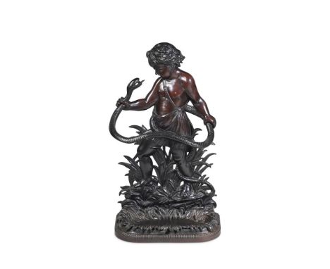 A VICTORIAN CAST IRON STICK STAND WITH THE YOUNG HERCULES AND THE SNAKE  CIRCA 1870  Part bronzed surface, Victorian diamond 