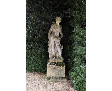A STONE COMPOSITION FIGURE OF HUNTING APOLLO WITH DOG  IN THE MANNER OF AUSTIN & SEELEY, 20TH CENTURY 172cm high overall, the