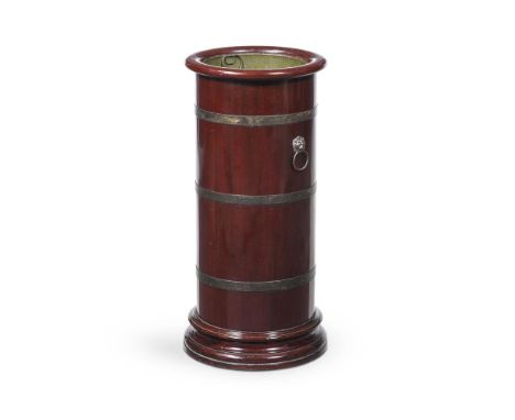 A MAHOGANY AND BRASS BOUND CYLINDRICAL STICK STAND 19TH CENTURY  63cm high, the top 30cm diameter 