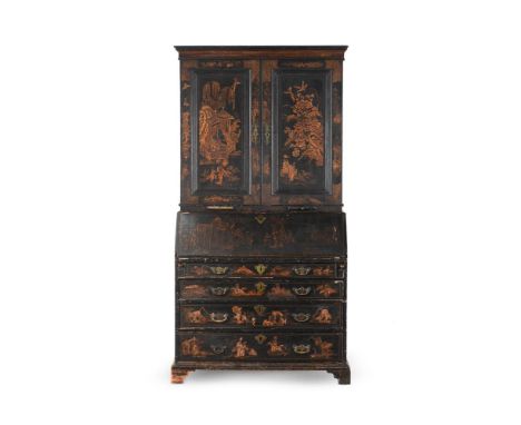 A GEORGE II BLACK LACQUER AND GILT JAPANNED BUREAU CABINET CIRCA 1740 Decorated with flowers, traditional buildings and figur
