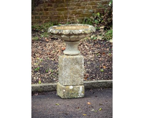 A COTSWOLD STONE BIRD BATH 18TH CENTURY ELEMENTS 93cm high, 64cm diameter     Condition Report:  Wear, marks, knocks and scra